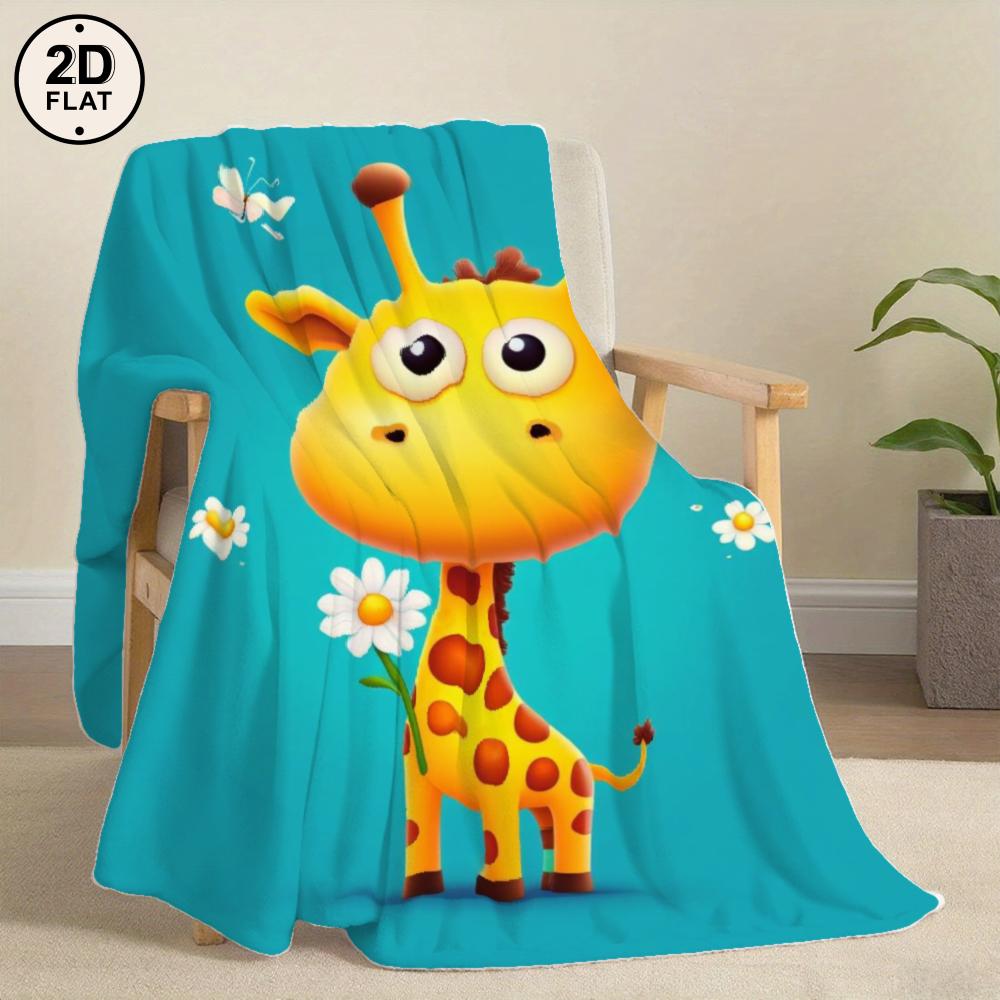 [2D Flat] 1pc Soft & Cozy Flannel Blanket Cartoon Style Giraffe Print Ideal for Gift Giving