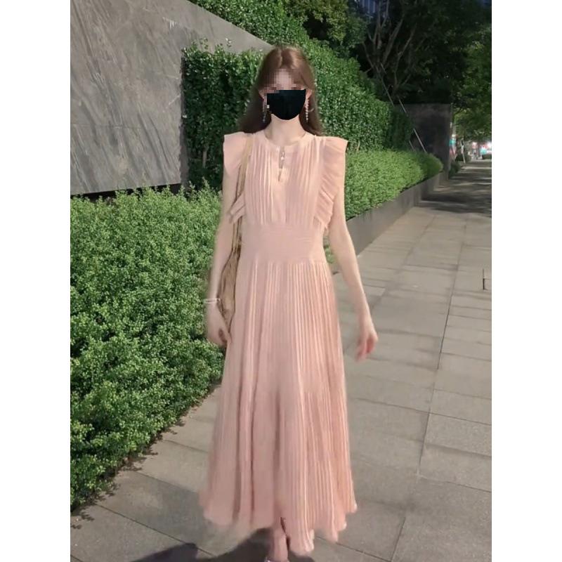 Japanese New Chen Duling Small Fly-Sleeve Floral Pleated Dress for Women, Summer High-Waisted A-Line Casual Long Dress