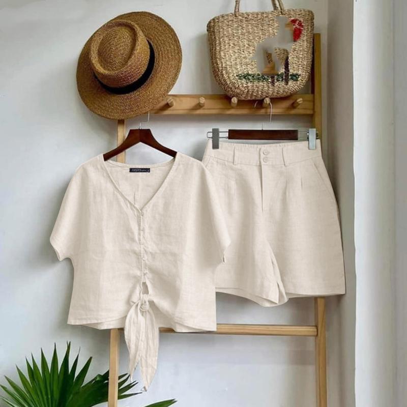 Ensemble deux pièces pour femme Été Rétro Couleur unie Fin Vêtement de sport Manches courtes + Short