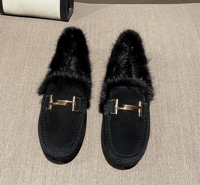 Luksusowe Futrzane Mokasyny Damskie Zimowe Bawełniane Buty Damskie Ciepłe Wsuwane Płaskie Buty do Chodzenia Futrzane Loafersy Buty ze Skóry Świńskiej