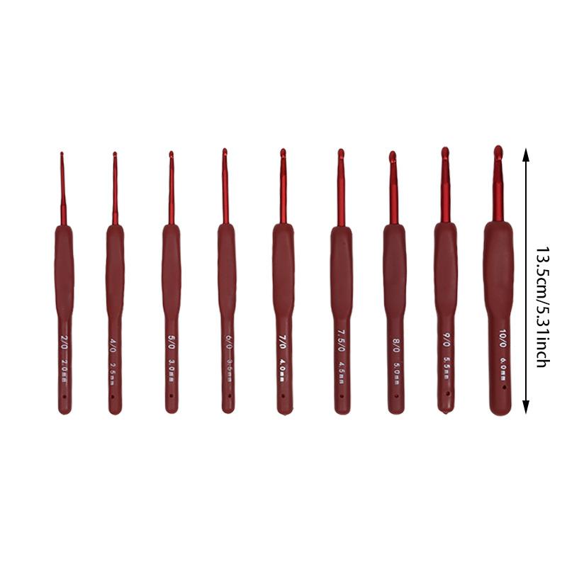 9pcs Red Crochet Set Kit Silicone Handle Crochet Hooks 0.6-2.75mm Crochet Needle Set Needles Sweater Weave Sewing Knitting Tool