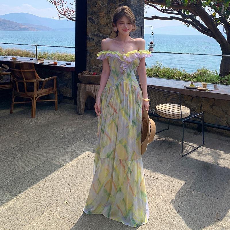 Romantic Print Contrasting Color Ruffle Edge Halter Dress Vacation Fairy Dress