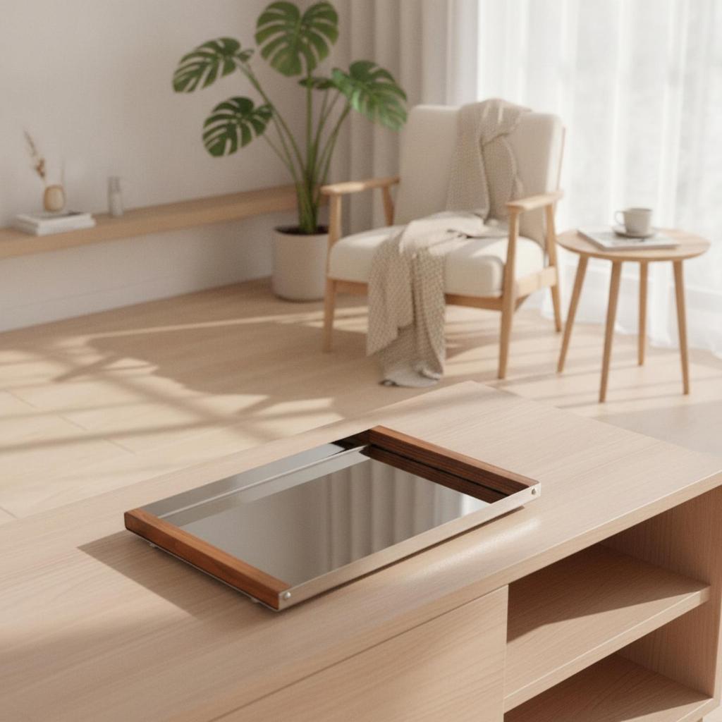 Stainless Steel Tray with Wood Handles Rectangular Serving for Hosts, Coffee
