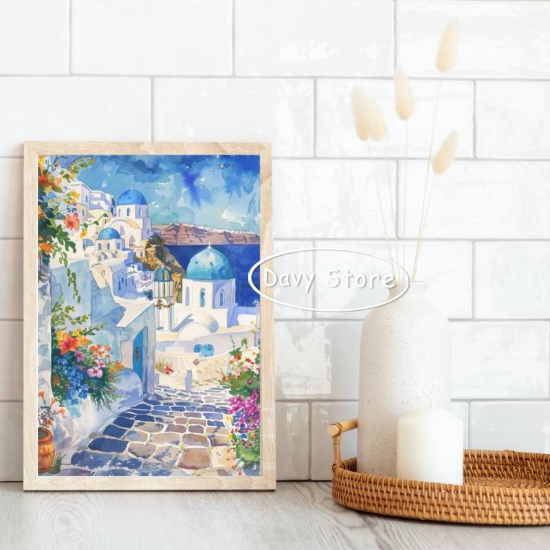 Peinture sur Toile Santorini Impression d'Art Grec Grèce Voyage Paysage Affiche Aquarelle Art Mural Image pour Salon Décoration Intérieure
