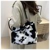 Women's Trendy Cow Print Plush Tote Bag Large Capacity Soft Faux Fur Shoulder Handbag