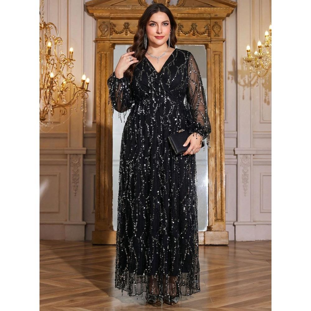 Plus Size Womens Elegant Sequined Bridesmaid Dress V-Neck Long Sleeve Slit Fitted Temperament Wedding Party Dress
