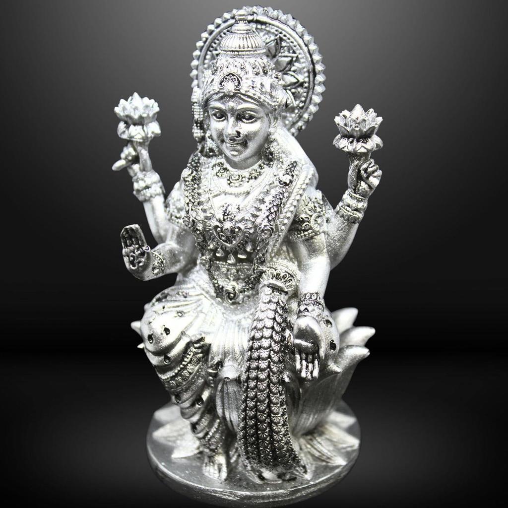 Goddess Lakshmi Laxmi Devi MATA Idol - 4.5 Inches Polystone Material Murti - Colour- Brass, Silver – Perfect Statue