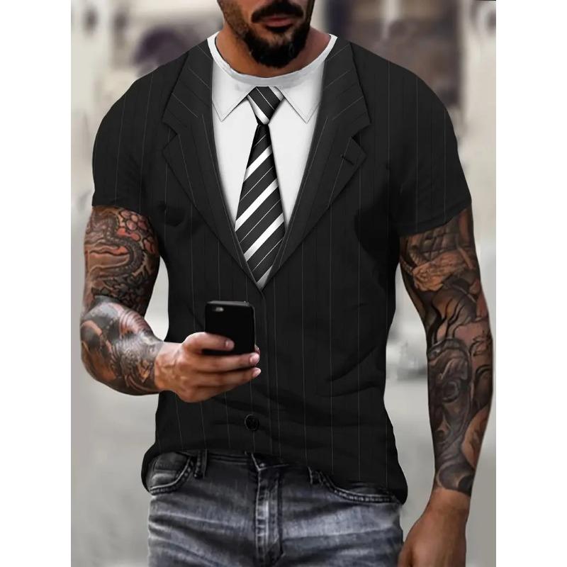Men's Casual Suit Tie Print T-Shirt Tops Short Sleeve Crew Neck Men's Round Neck T-shirts New In Mens Cosplay Party Tee Shirts