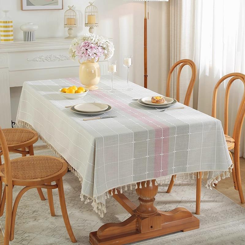 Thick Linen Cotton Check Stripe Tablecloth Modern Minimalist Desk Table Cover Fresh Style 90*90cm