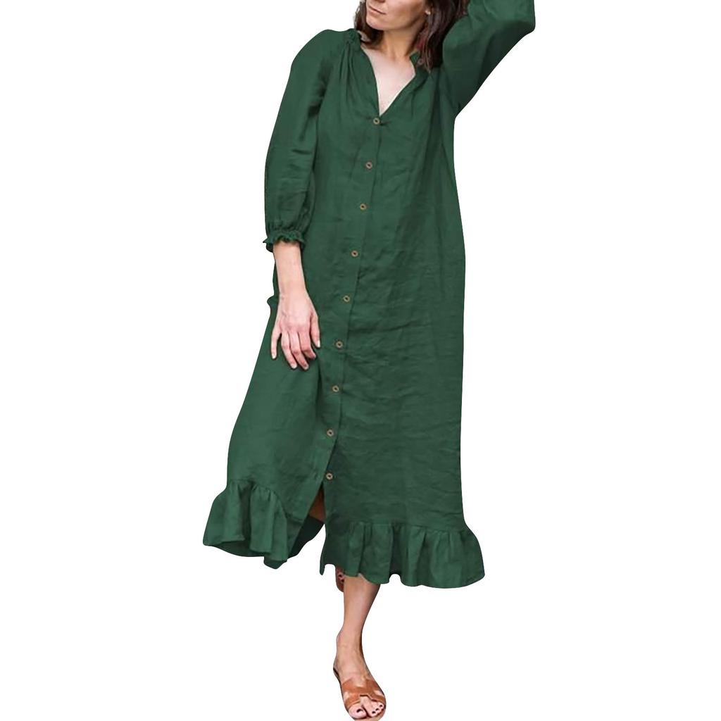 Dame ensfarget falbala volangkrave knapp lang skjortekjole