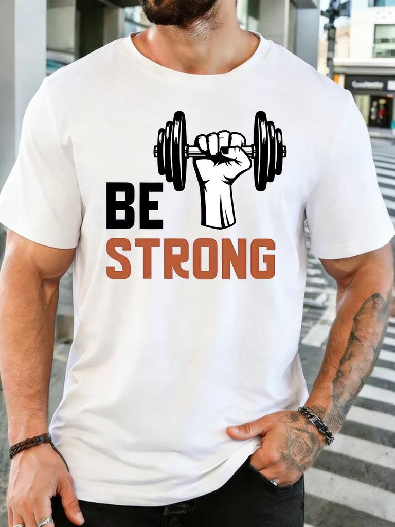 Unisex Cotton Crew Neck Tee Be Strong Dumbbell Hand Graphic Short Sleeve T Shirt Weightlifting Workout Fan Daily Sport Casual Top