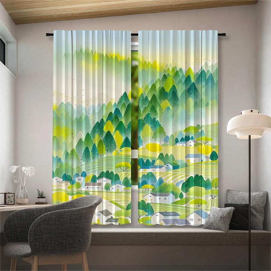 Rural Landscape Pattern Printed Curtains Pole Bag Christmas Decorations Daily Home Room Made Of Polyester