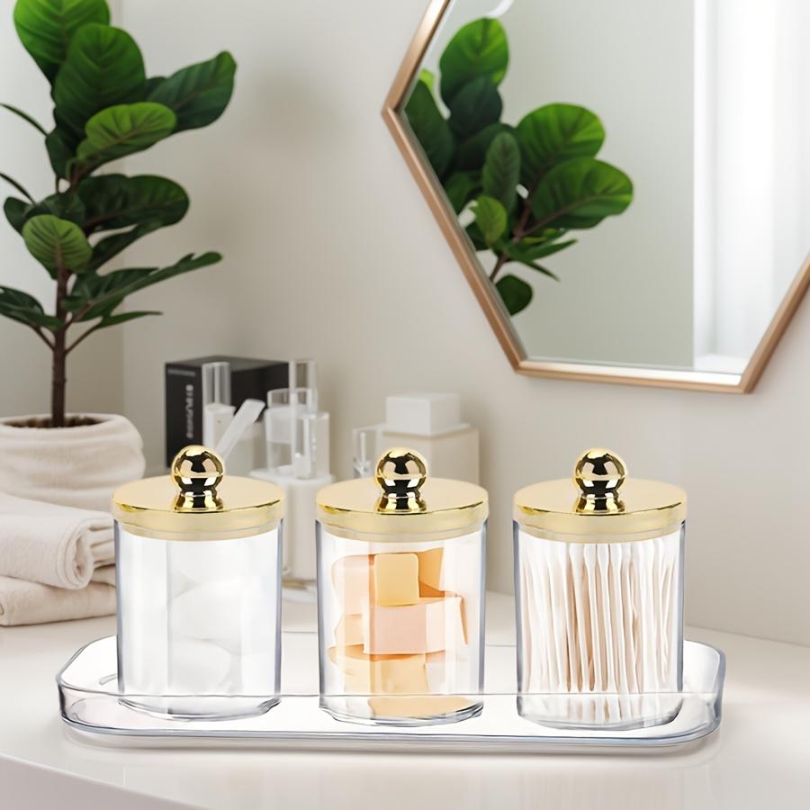 Klarer Q-Tip-Halter Badezimmer-Glas-Set mit Tablett Acryl-Aufbewahrungsorganizer Plastik-Apothekergläser Q-Tip-Spender Behälter mit Deckel