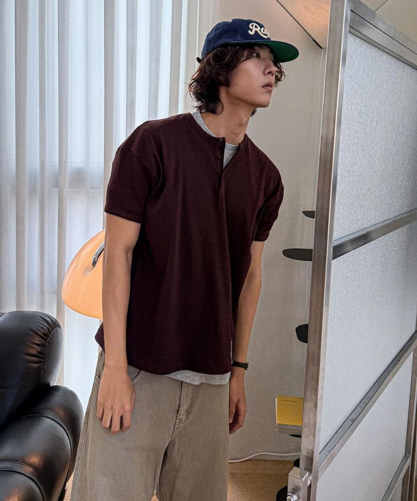 MOOD INSIDE Ribbed Muscle Henley Neck Half Tee_8 Colors (B Type)