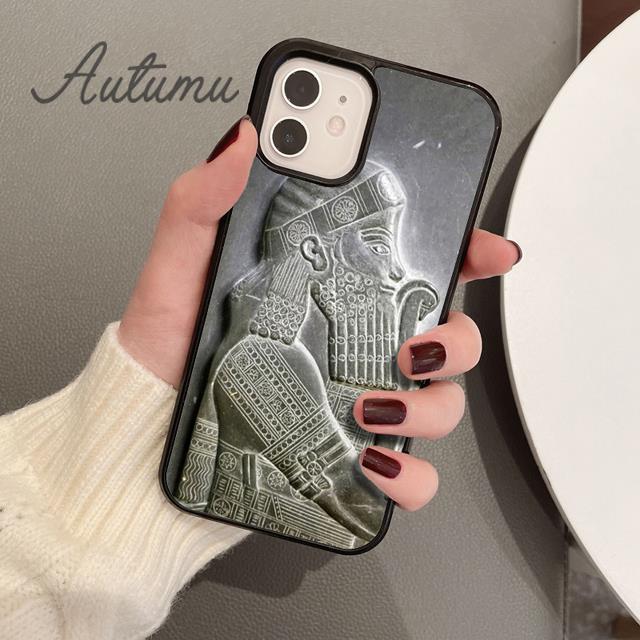 Carving Assyrian Mesopotamian Handyhülle für iPhone 11 12 13 14 Pro Max Mini X XR XS SE 2020 6 7 8 Plus Galaxy S21 S22 Schale