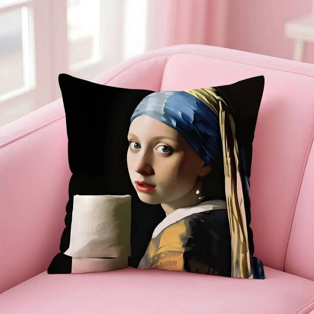 Mona-Lisa Wearing Pearls Girl Pillow Case Custom Printed Brushed Fleece Pillow, Baby Skin-Touch, Eco-Friendly Dye-Sublimation Cu