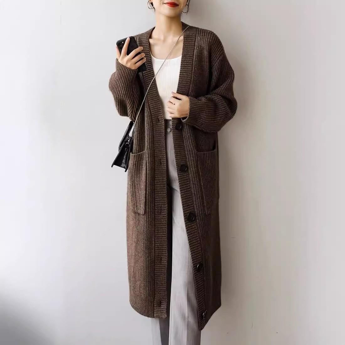 

Утолщенный вязаный кардиган-жакет женский осенне-зимний новый ретро свободный ленивый стиль средней длины свитер с трендом One size кофейный