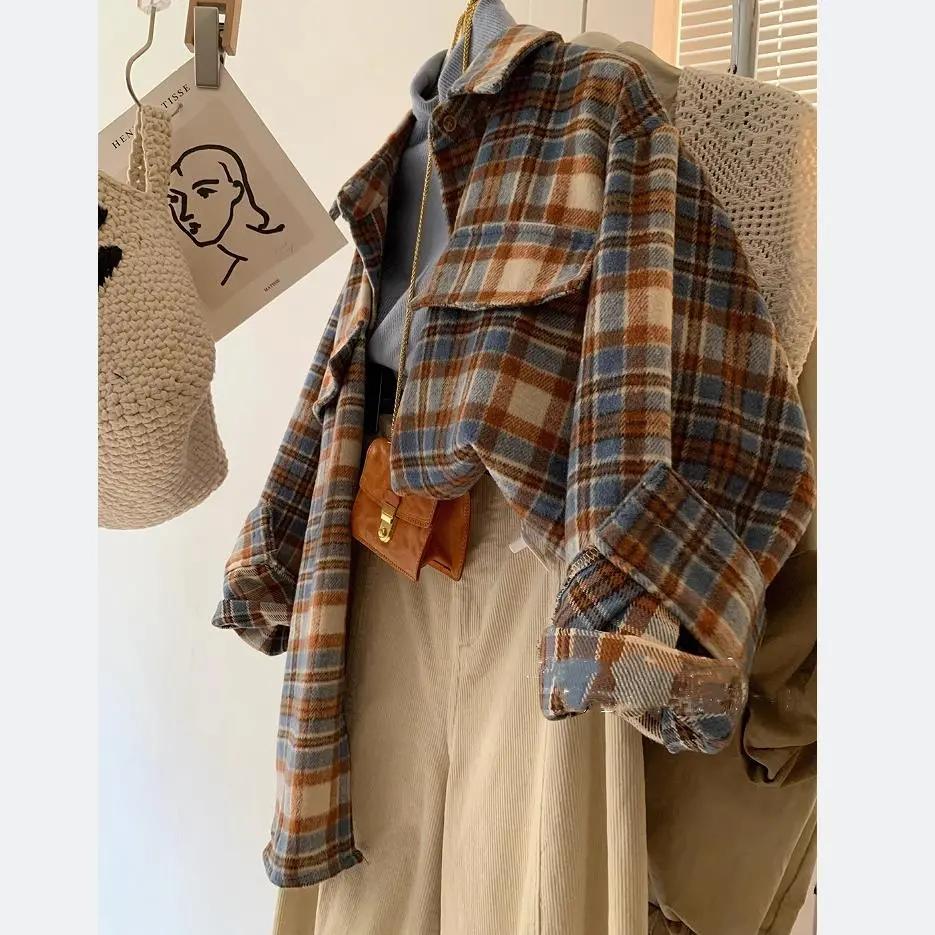 Dámské jarní a podzimní kostkované košile topy vintage volné ležérní svrchní oděv kapsy klopový top