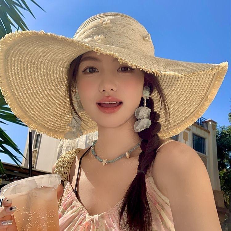 Lace straw hat women's summer bow large brim sunshade sun hat seaside vacation beach sun hat
