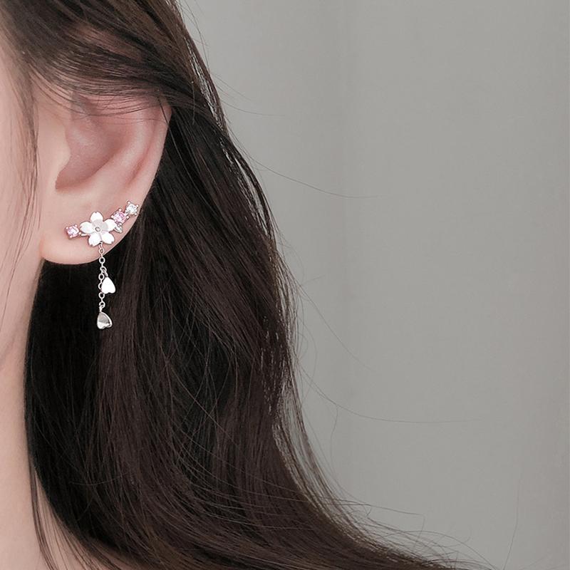 Design Sense Sweet Cherry Blossoms Flower Tassel Earrings for Women Trendy Shiny Pink Zircon Earrings Banquet Wedding Jewelry