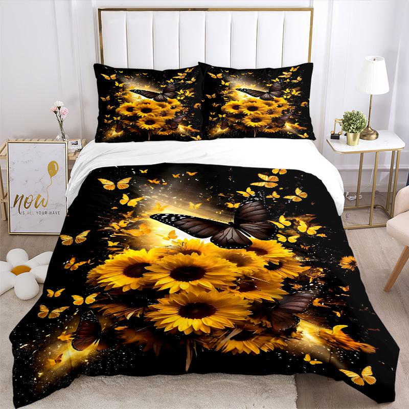 Butterflies Sunflowers Print 3Pcs Bedding Setduvet Cover With 2 Bedropillowcase Home Birthday Gift