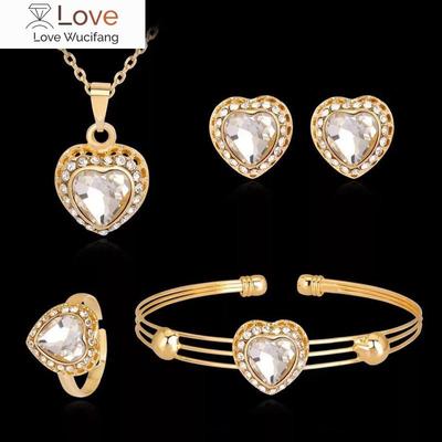 Fashion Love Heart Jewelry Sets For Women Crystal Pendant Costume Wedding Sets Gold Chain Necklace Bangle Earrings Ring