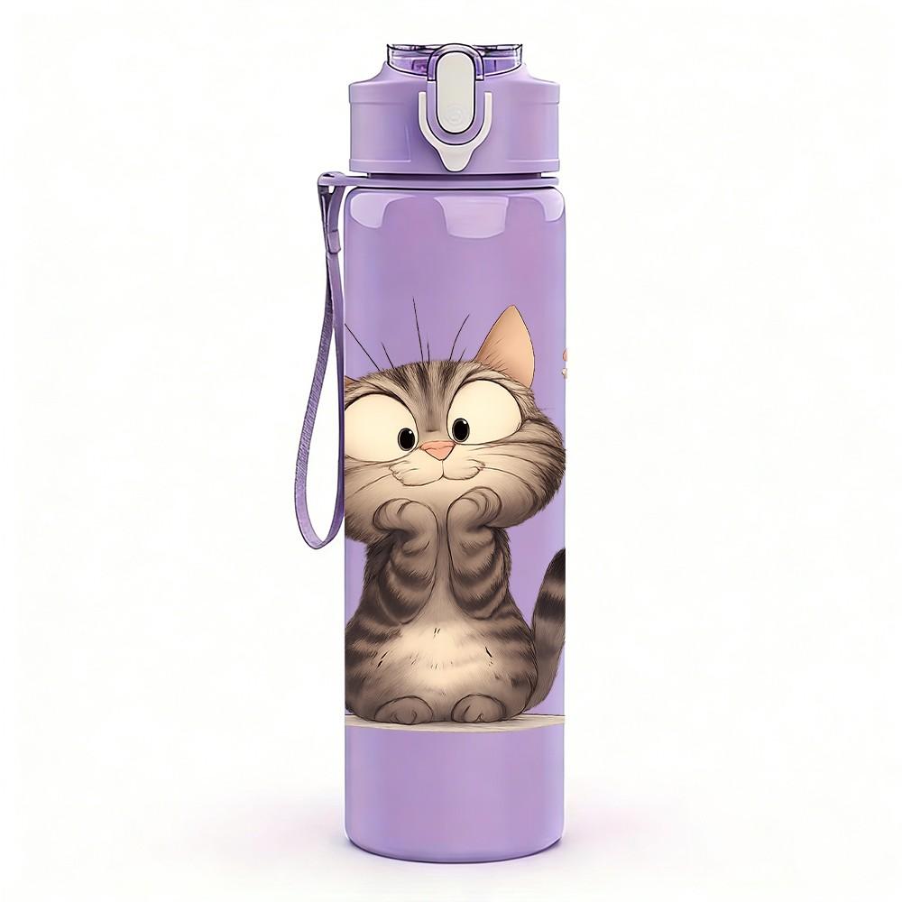1PC Soft Kitten Simple Art 750ml Color Plastic Sports Water Bottle Leakproof Flip Straw Lid Suitable for Sports Office Home Use