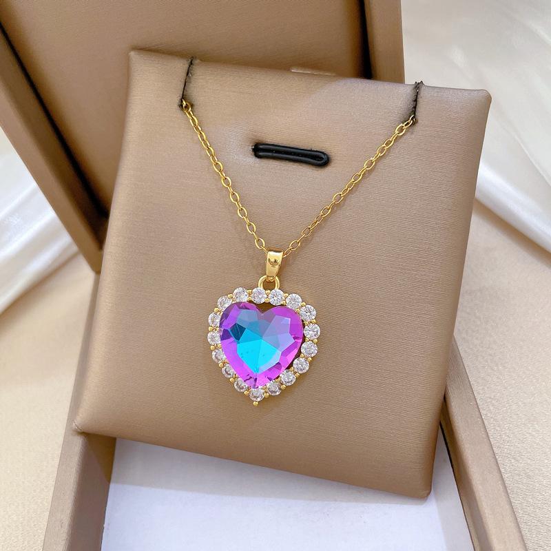 Luxury Colorful Heart Zircon Necklace Stud Earrings Classic Heart Charm Stainless Steel Chain Jewelry Sets Gifts for Women