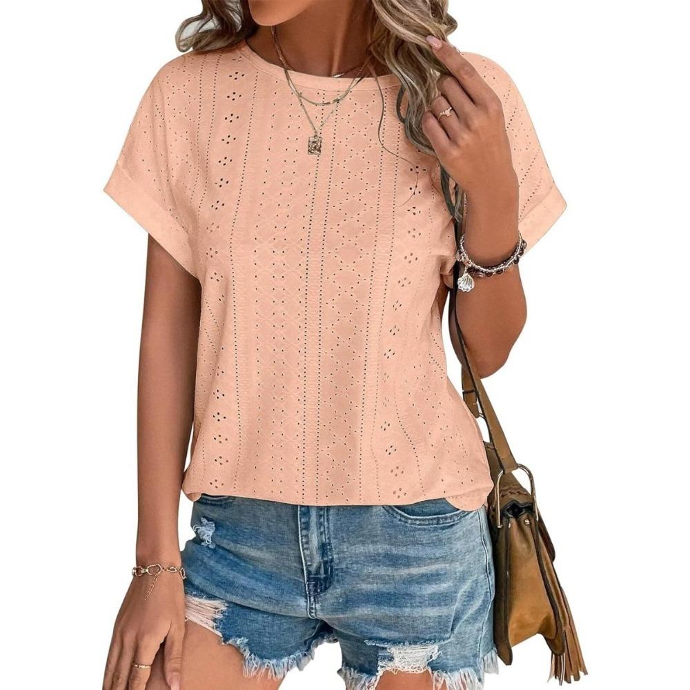 Top Eyelets Summer Spring Curved Hem, Casual Women's Short Sleeved Fashionable T-shirt Beach Vacation Short Style