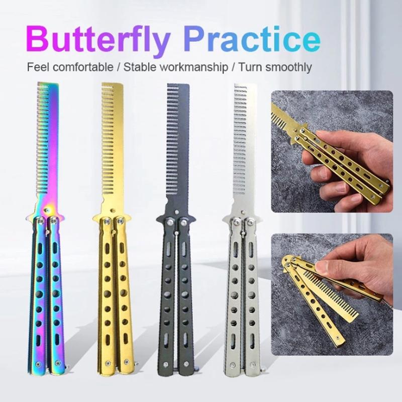 Foldable Practice Training Butterfly Comb Stainless Steel Beard Moustache Brushe Salon Hairdressing Styling Tool