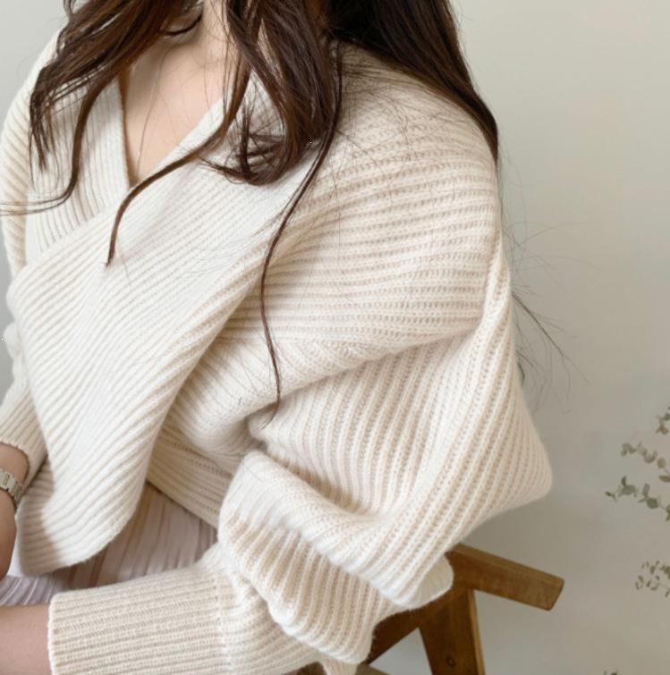 Women's Korean Style Cross V-Neck Sweater - Plain Color, Loose Design, Long Sleeve Knitwear for Autumn/Winter 2026.