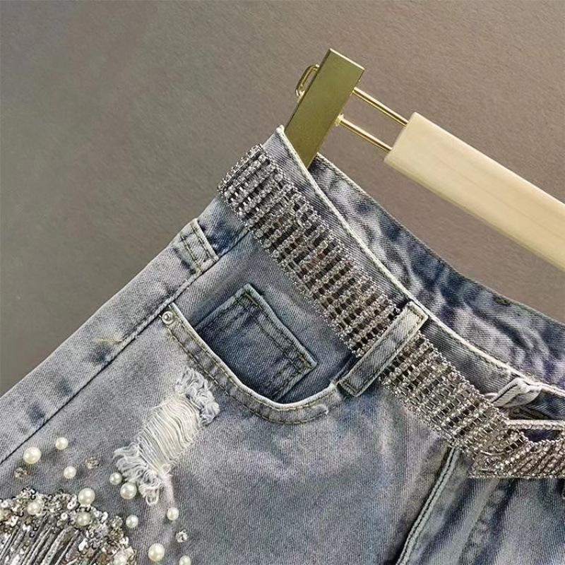 Damen Sommerkleidung Denim Shorts Hohe Taille Dünn Schwerindustrie Perlen Pailletten Fransen Gebrochene Kupferjeans