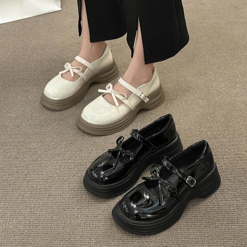 Fashion Black Chunky Platform Mary Jane Shoes for Women 2025 Spring Patent Leather Pumps Woman Thick Bottom Bowknot Lolita Shoes Ladies