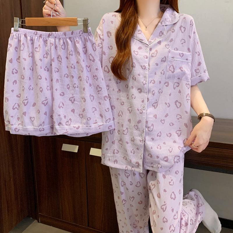 Amerikanische Lila Liebe Leopardendruck Sommerpyjama Damen Wolkenbaumwolle Kurzarm Loungewear Dreiteiliges Set