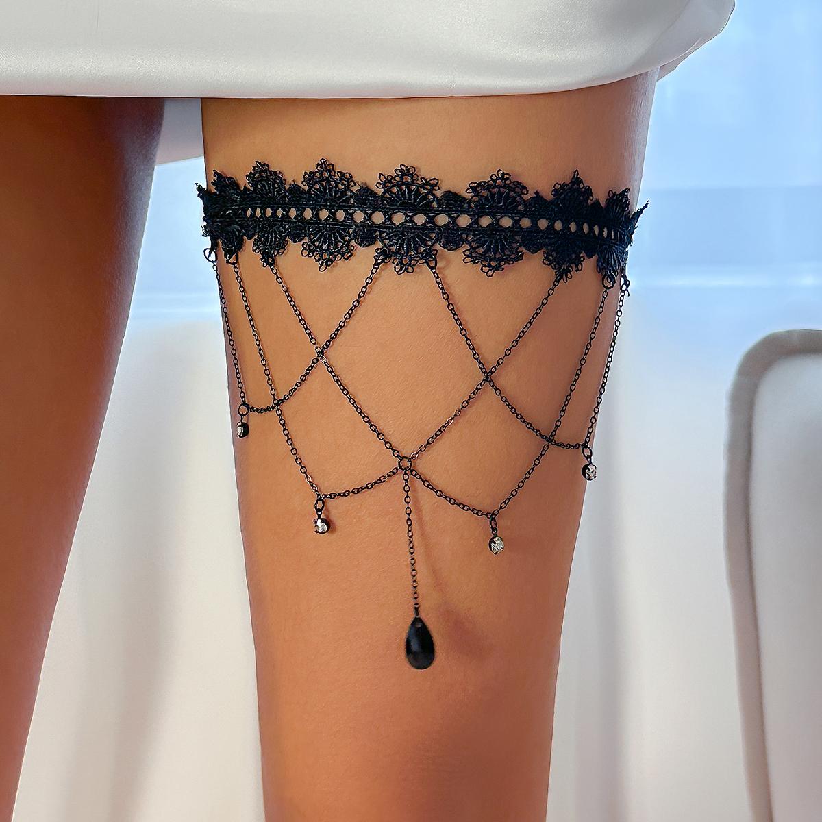 

Ingemark Boho Elastic Band Black Lace Leg Thigh Chain for Women Bikini Summer Festival Party Body Jewelry Wed Accessories Gift