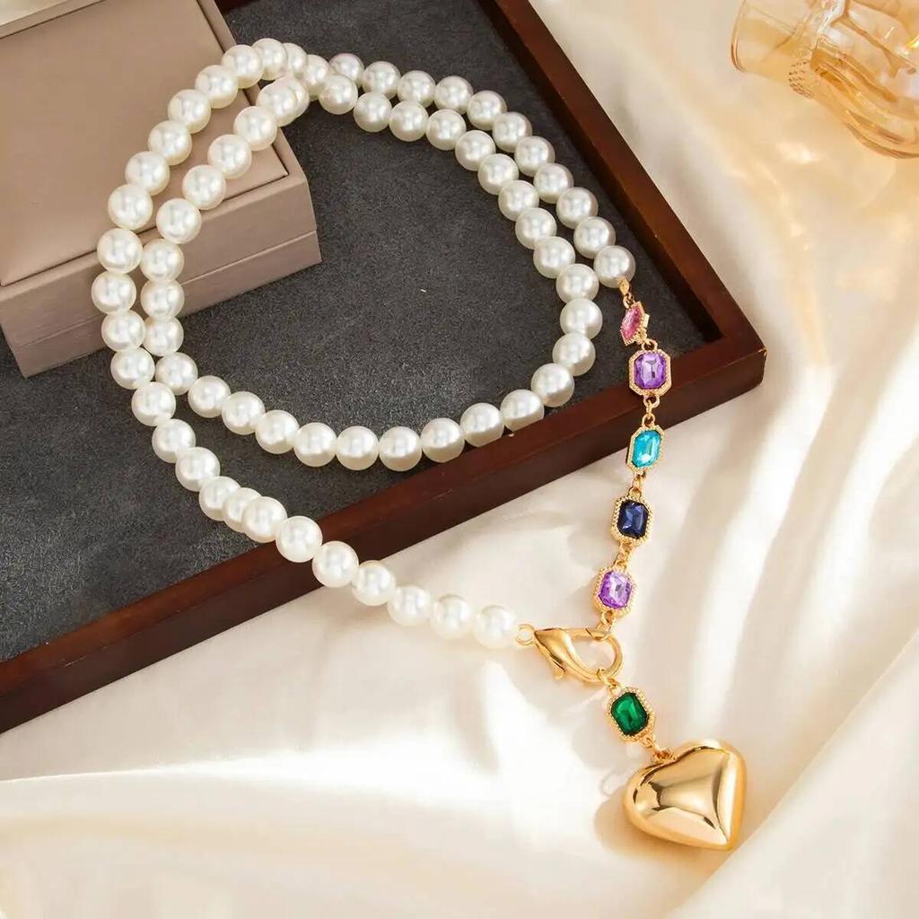 IngeSight.Z Elegant Imitation Pearl Colorful Acrylic Metal Big Heart Shape Pendant Necklace for Women Fashion Boho Jewelry Gifts
