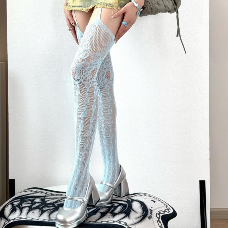 Women Subculture Fishnet Mesh Thigh High Stockings Sweet Heart Patterned Hollowed Garter Belt Pantyhose Suspender Tights