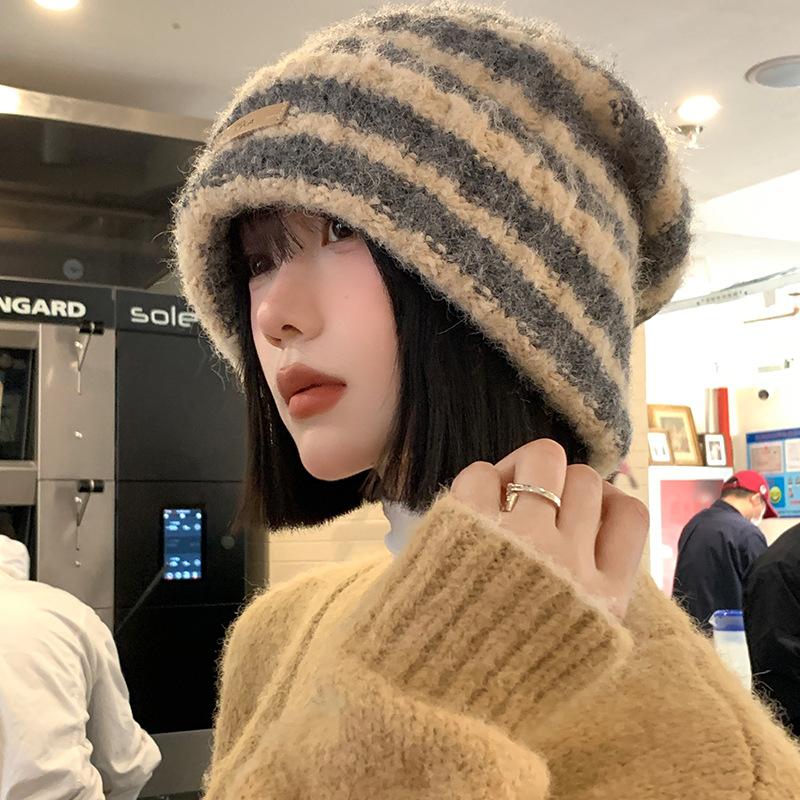 Color-blocked Striped Woolen Hat for Women, Autumn and Winter, Japanese Style, Loose, Warm, Ear-protecting, Slouchy Knit Hat for Large Head