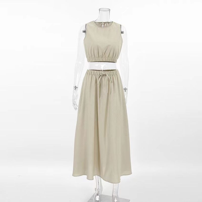 

Fashion New Arrival Summer Fashion Sleeveless Vest Skirt Two-piece Set Tank Top Half Skirt Set Khaki L