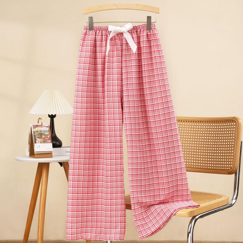 Women's Cloud Cotton Plaid Pajama Pants - Summer Casual Wide-Leg, Lightweight, Outdoor-Friendly, Yarn-Dyed, Long Style