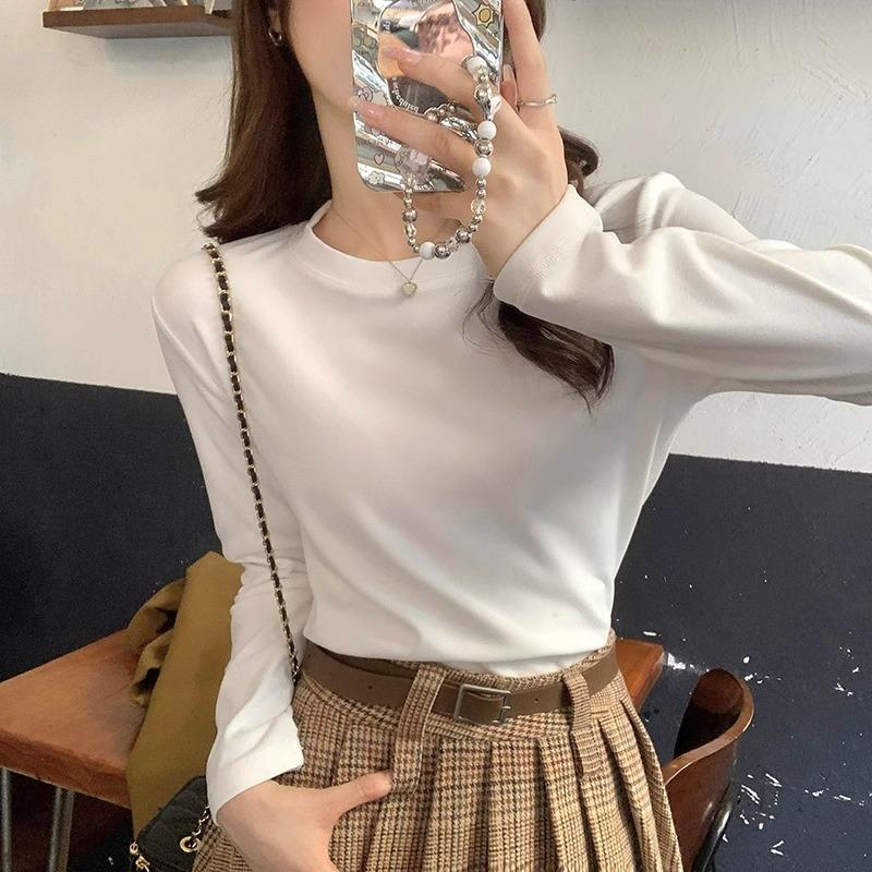 

Рубашка в стиле ретро с круглым вырезом, облегающая, с длинными рукавами, для женщин с чувством дизайна, однотонная, с утолщенной внутренней частью из немецкого бархата 2XL