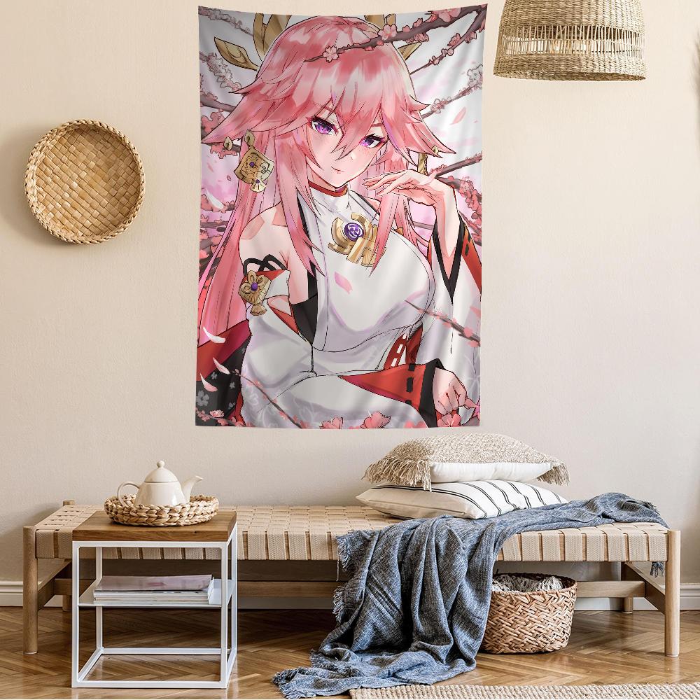 Yae Miko Genshin Impact Anime Tapestry  Hippie Flower Print Acts as Wall Hanging Dorms  Enhancing Home Atmosphere