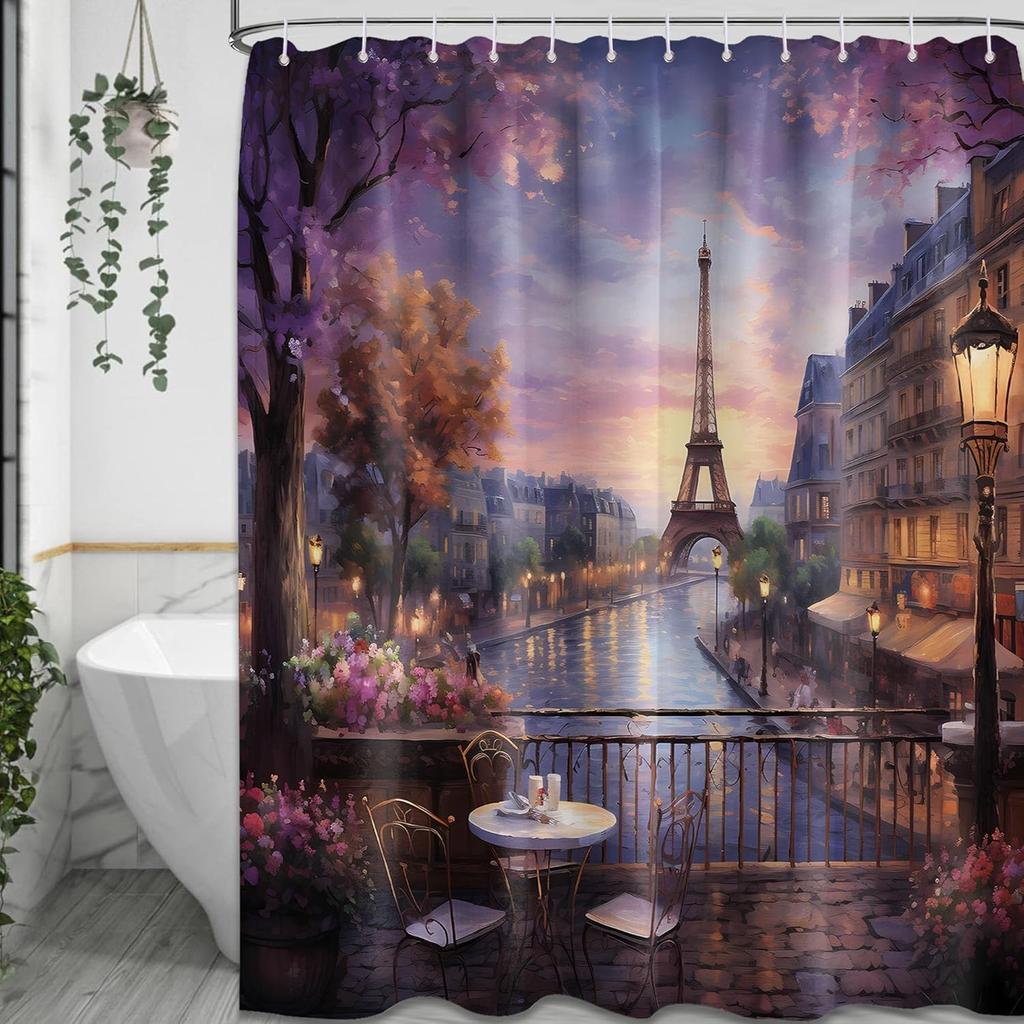 Vintage Paris Shower Curtain Eiffel Tower French Cityscape Shower Curta for Bathroom Decor Set, Waterproof Fabric with Hooks (70''W x 72''L)