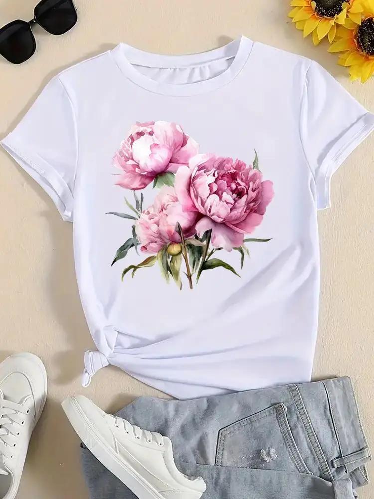 

Милая футболка с коротким рукавом и принтом в акварельном цветочном стиле, модная женская футболка, повседневная одежда, графические футболки 6XL