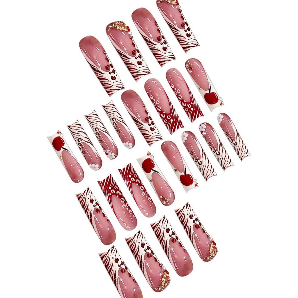 Press on Nails Long Square Fake Nails Red Stripes Acrylic Glossy False Nails with Golden Designs Reusable Full Cover Artificial Nail Supplies 24Pcs