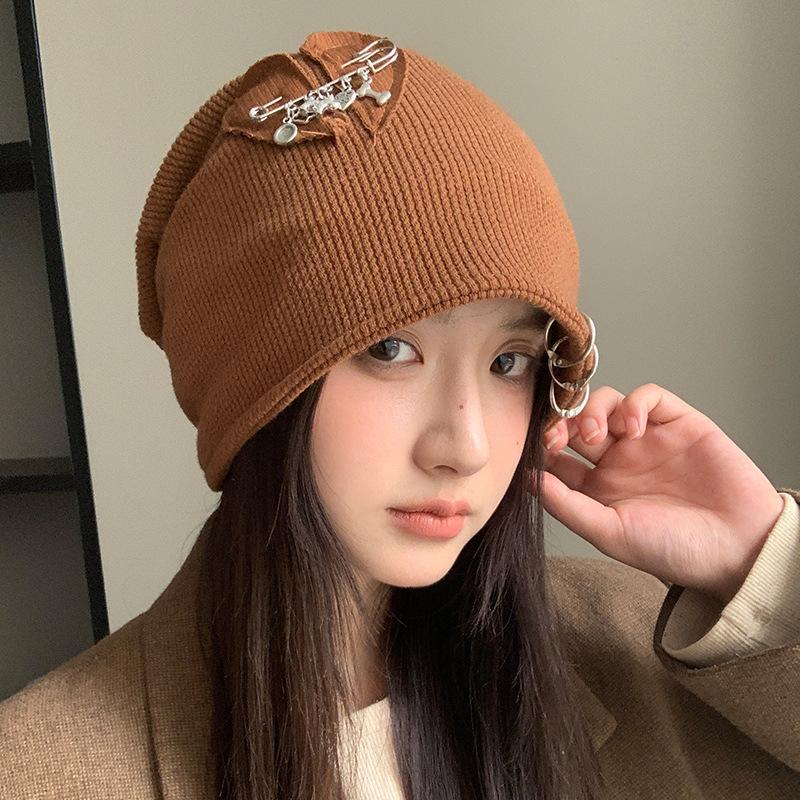Autumn and winter hats, women's round hoop wool knitted hats, big head circumference showing face, small pile hats, retro versatile cold hats
