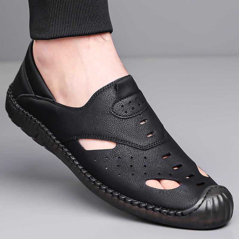 2025 Summer New Men's Leather Sandals Handmade On-line Soft Leather Soft Sole Hollow Breathable Casual Shoes 2025