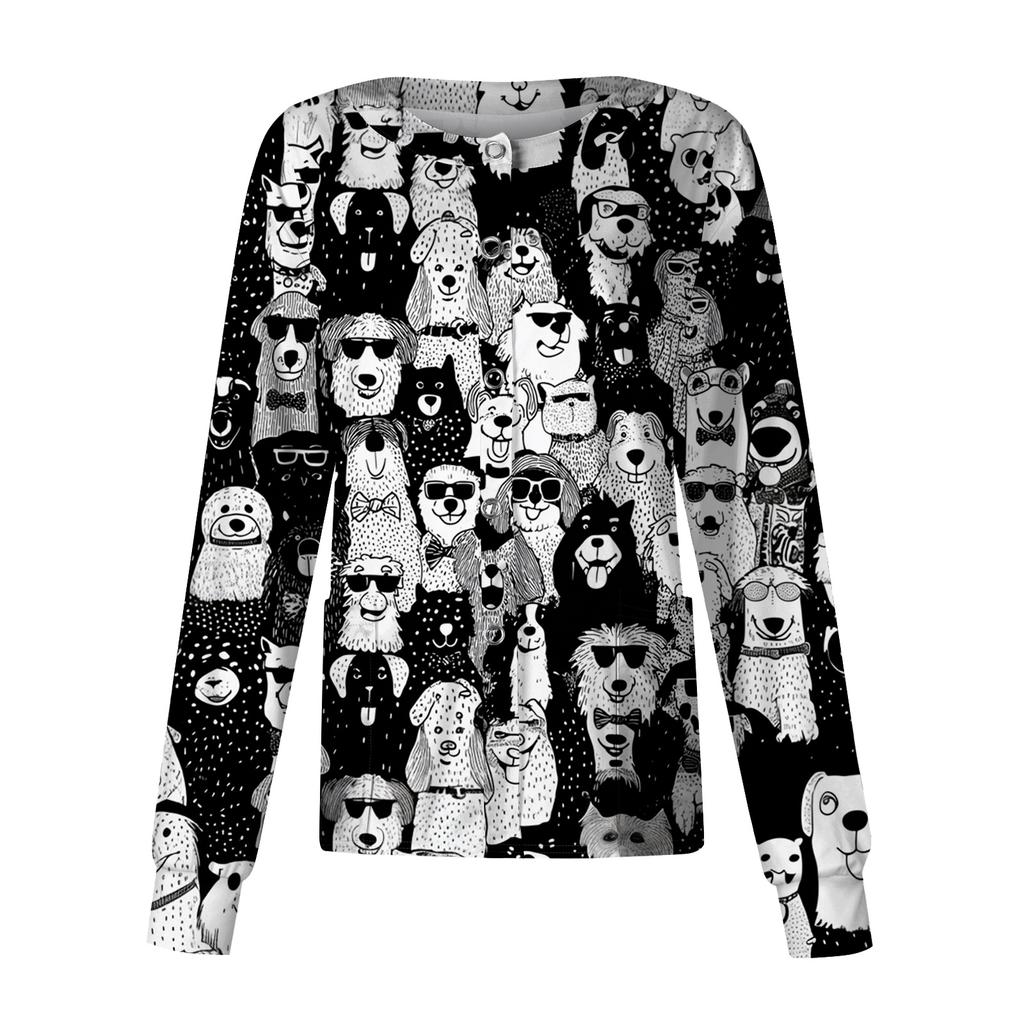 Women's Casual Long Sleeve Single Button Cardigan Animal Print Lightweight Open Front Workwear Top for Caregivers and Professionals