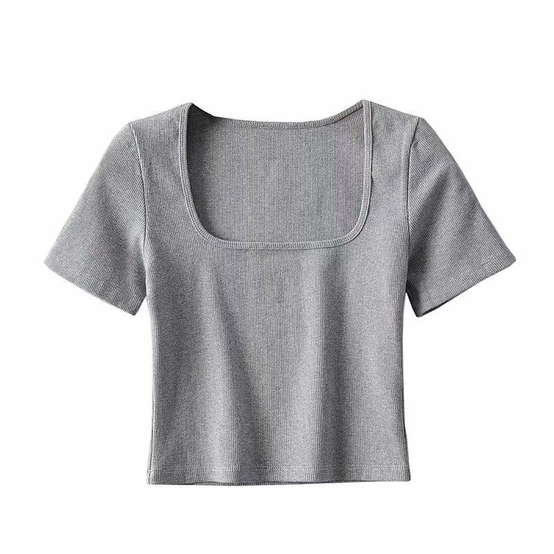 Women's European & American Style Crop Top: Generous Neckline, Tight Short Sleeves, Elastic, Sports Fitness Base Layer T-Shirt.
