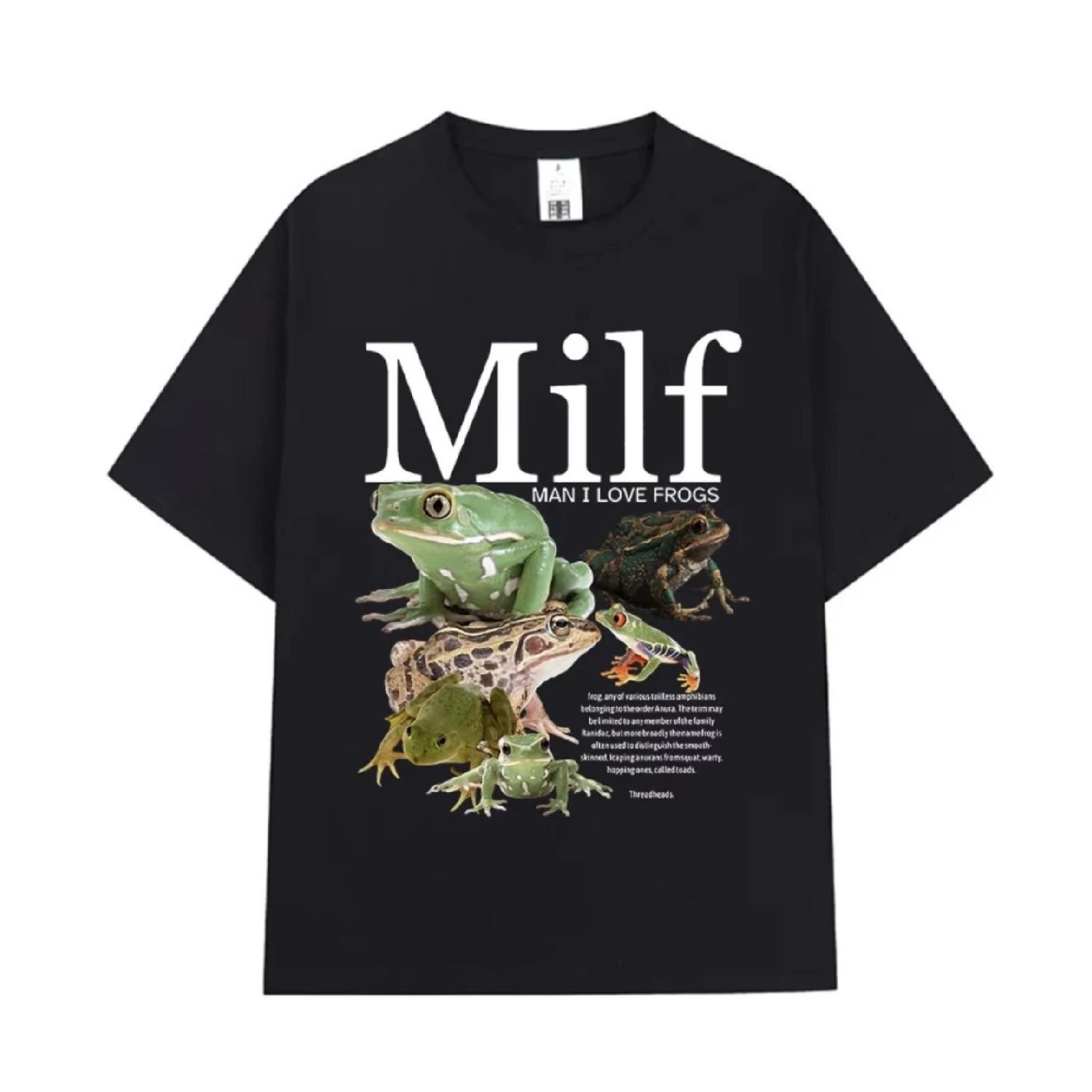 

MILF Man I Love Frogs T Shirt Funny Frog Amphibian Lovers Vintage T-shirts Men Cotton Oversized Short Sleeve T-shirt Streetwear S чёрный
